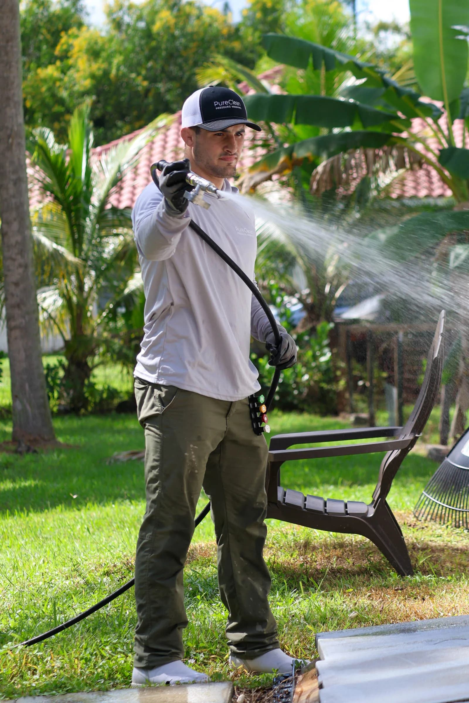 Michael soft washing with a mist of cleaning solution