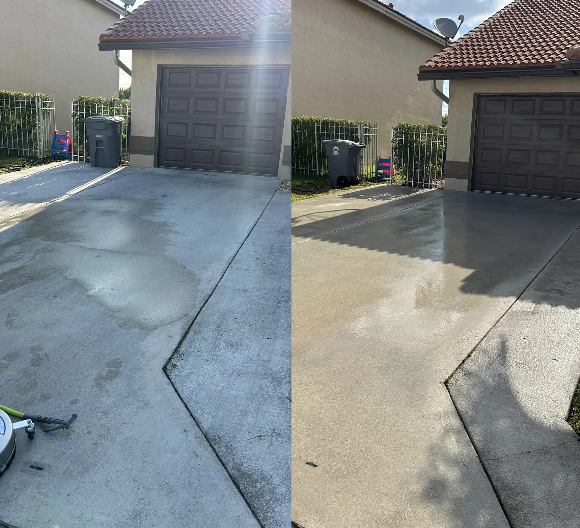 Concrete driveway before and after cleaning, beside a tile-roof garage
